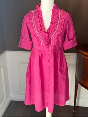 Love Stitch Pink Short Sleeve Cotton Dress White Stitch Detail Size Small NWT
